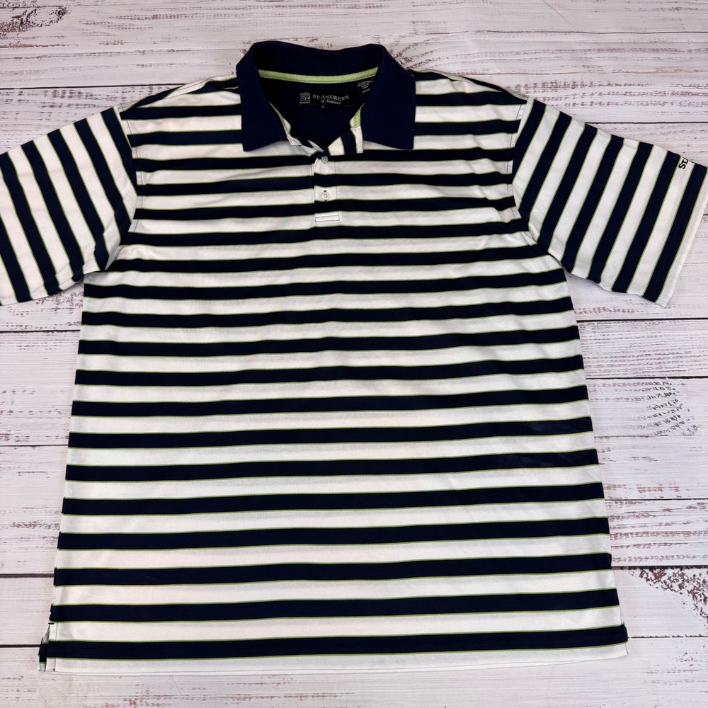 St Andrews of‎ Scotland Mens Golf Polo Shirt Large Navy White Stripe Breathable